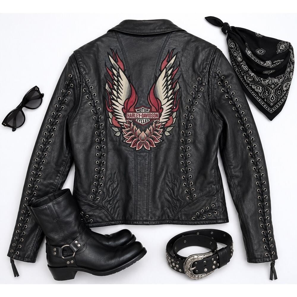 Harley Davidson Gypsy Road Laced Black Leather Riding Moto Jacket Small Womens